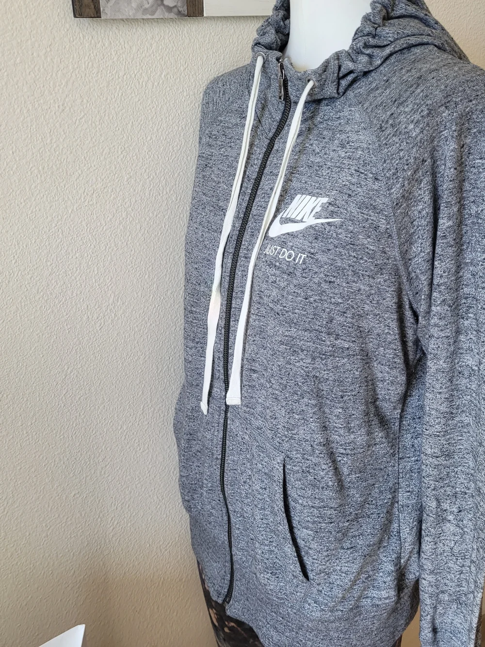Nike Women's Heather Gray Full-Zip Hoodie with White Drawcords